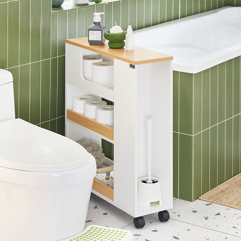 SoBuy BZR190-WN Toiletpapierhouder, Toiletpapierhouder, Badkamermeubel op wieltjes, wit en natuur