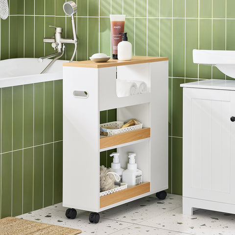 SoBuy BZR190-WN Toiletpapierhouder, Toiletpapierhouder, Badkamermeubel op wieltjes, wit en natuur