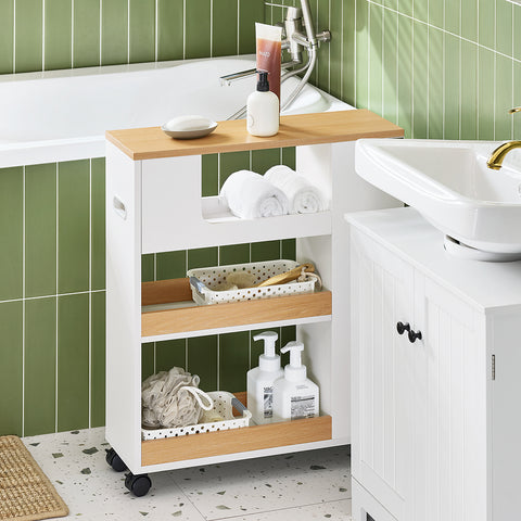 SoBuy BZR190-WN Toiletpapierhouder, Toiletpapierhouder, Badkamermeubel op wieltjes, wit en natuur