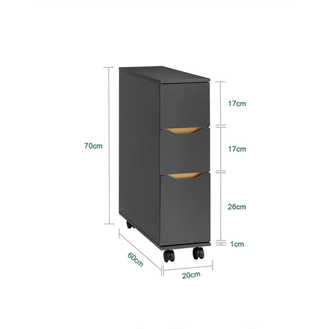 SoBuy BZR191-DG smalle badkamerkast op wielen, toiletrolhouder met wielen, compact toiletkastje, 3 lades