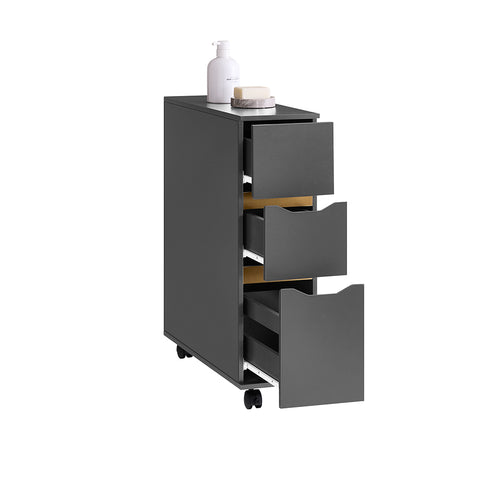 SoBuy BZR191-DG smalle badkamerkast op wielen, toiletrolhouder met wielen, compact toiletkastje, 3 lades