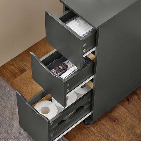SoBuy BZR191-DG smalle badkamerkast op wielen, toiletrolhouder met wielen, compact toiletkastje, 3 lades