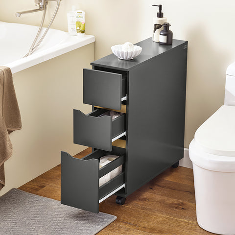 SoBuy BZR191-DG smalle badkamerkast op wielen, toiletrolhouder met wielen, compact toiletkastje, 3 lades