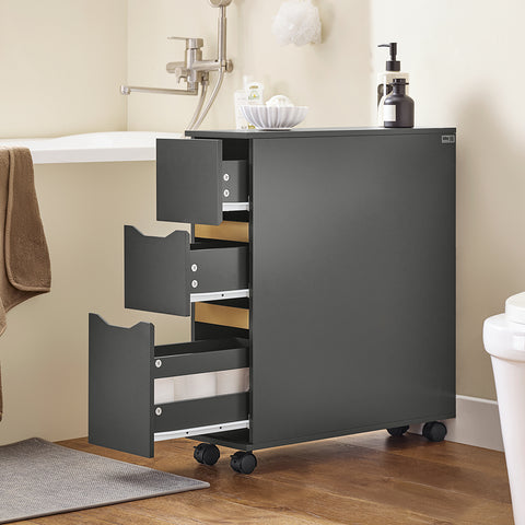 SoBuy BZR191-DG smalle badkamerkast op wielen, toiletrolhouder met wielen, compact toiletkastje, 3 lades