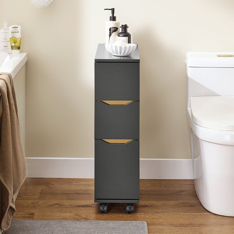 SoBuy BZR191-DG smalle badkamerkast op wielen, toiletrolhouder met wielen, compact toiletkastje, 3 lades