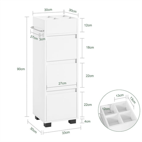 SoBuy BZR29-W Badkamerkast Badkamermeubel Kolomkasten met 3 Lades 1 Handdoekstang en 4 Vakken