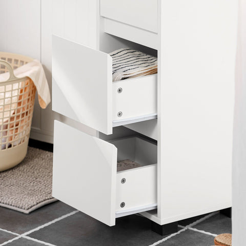 SoBuy BZR29-W Badkamerkast Badkamermeubel Kolomkasten met 3 Lades 1 Handdoekstang en 4 Vakken