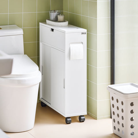 SoBuy BZR31-W Badkamertrolley Opbergruimte Badkamermeubel Badkamerkast met 2 Schuifdeuren