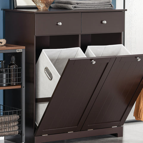 SoBuy BZR33-BR Badkamerkast Opbergkist met 2 Lades en 2 Wasmanden Waskast Laundry Hamper