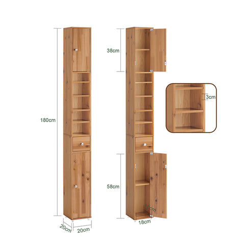 SoBuy BZR34-SH Badkamermeubel, opbergkast, smalle opbergkast, 1 lade, 2 deuren en 5 open vakken, verstelbare planken, houtkleur