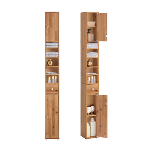 SoBuy BZR34-SH Badkamermeubel, opbergkast, smalle opbergkast, 1 lade, 2 deuren en 5 open vakken, verstelbare planken, houtkleur