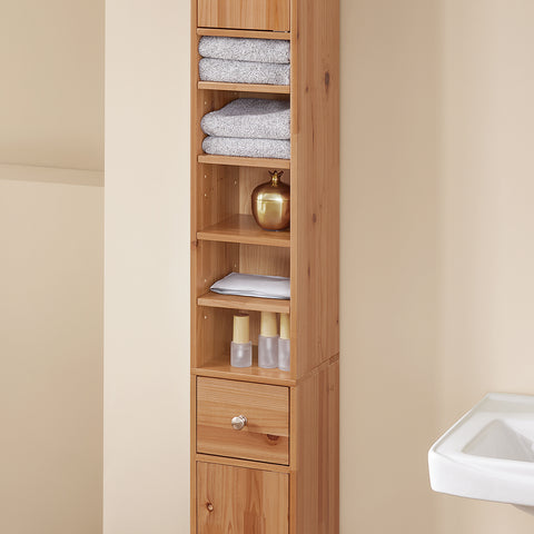 SoBuy BZR34-SH Badkamermeubel, opbergkast, smalle opbergkast, 1 lade, 2 deuren en 5 open vakken, verstelbare planken, houtkleur