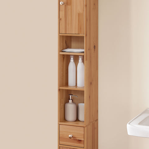 SoBuy BZR34-SH Badkamermeubel, opbergkast, smalle opbergkast, 1 lade, 2 deuren en 5 open vakken, verstelbare planken, houtkleur