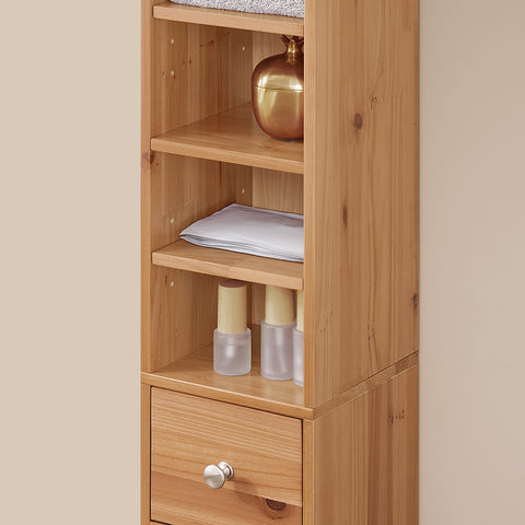 SoBuy BZR34-SH Badkamermeubel, opbergkast, smalle opbergkast, 1 lade, 2 deuren en 5 open vakken, verstelbare planken, houtkleur