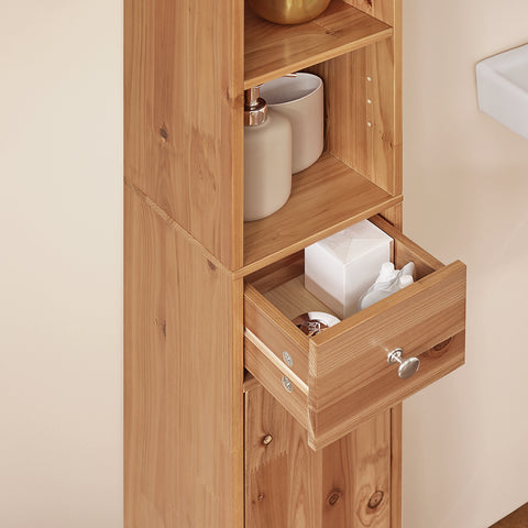 SoBuy BZR34-SH Badkamermeubel, opbergkast, smalle opbergkast, 1 lade, 2 deuren en 5 open vakken, verstelbare planken, houtkleur