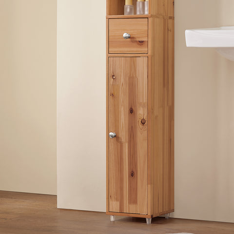 SoBuy BZR34-SH Badkamermeubel, opbergkast, smalle opbergkast, 1 lade, 2 deuren en 5 open vakken, verstelbare planken, houtkleur