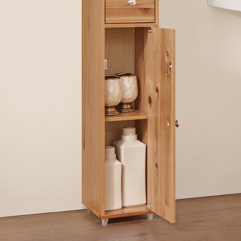 SoBuy BZR34-SH Badkamermeubel, opbergkast, smalle opbergkast, 1 lade, 2 deuren en 5 open vakken, verstelbare planken, houtkleur