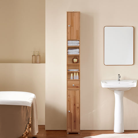 SoBuy BZR34-SH Badkamermeubel, opbergkast, smalle opbergkast, 1 lade, 2 deuren en 5 open vakken, verstelbare planken, houtkleur