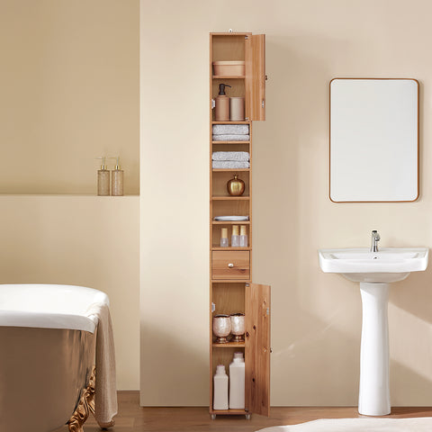 SoBuy BZR34-SH Badkamermeubel, opbergkast, smalle opbergkast, 1 lade, 2 deuren en 5 open vakken, verstelbare planken, houtkleur