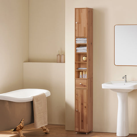 SoBuy BZR34-SH Badkamermeubel, opbergkast, smalle opbergkast, 1 lade, 2 deuren en 5 open vakken, verstelbare planken, houtkleur