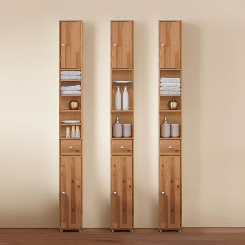 SoBuy BZR34-SH Badkamermeubel, opbergkast, smalle opbergkast, 1 lade, 2 deuren en 5 open vakken, verstelbare planken, houtkleur