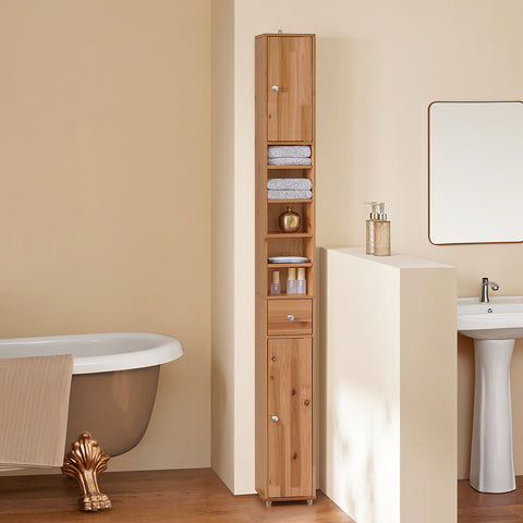 SoBuy BZR34-SH Badkamermeubel, opbergkast, smalle opbergkast, 1 lade, 2 deuren en 5 open vakken, verstelbare planken, houtkleur