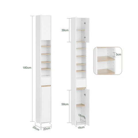 SoBuy BZR34-WN Badkamermeubel, opbergkast, smalle opbergkast, 1 lade, 2 deuren en 5 open vakken, verstelbare planken, houtkleur