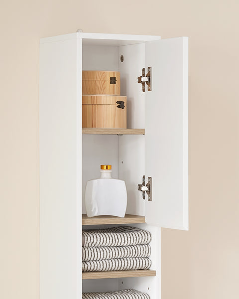 SoBuy BZR34-WN Badkamermeubel, opbergkast, smalle opbergkast, 1 lade, 2 deuren en 5 open vakken, verstelbare planken, houtkleur