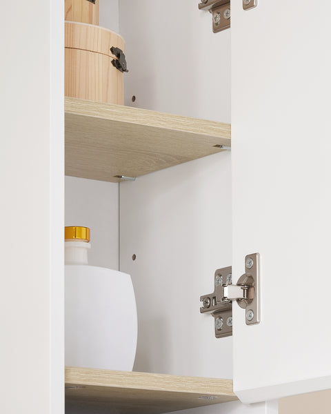 SoBuy BZR34-WN Badkamermeubel, opbergkast, smalle opbergkast, 1 lade, 2 deuren en 5 open vakken, verstelbare planken, houtkleur