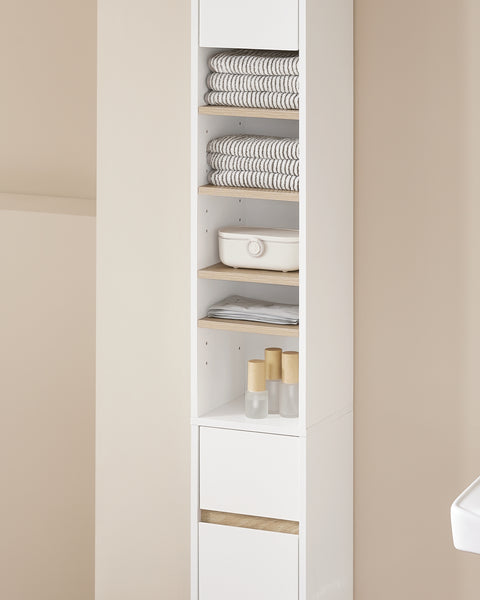 SoBuy BZR34-WN Badkamermeubel, opbergkast, smalle opbergkast, 1 lade, 2 deuren en 5 open vakken, verstelbare planken, houtkleur