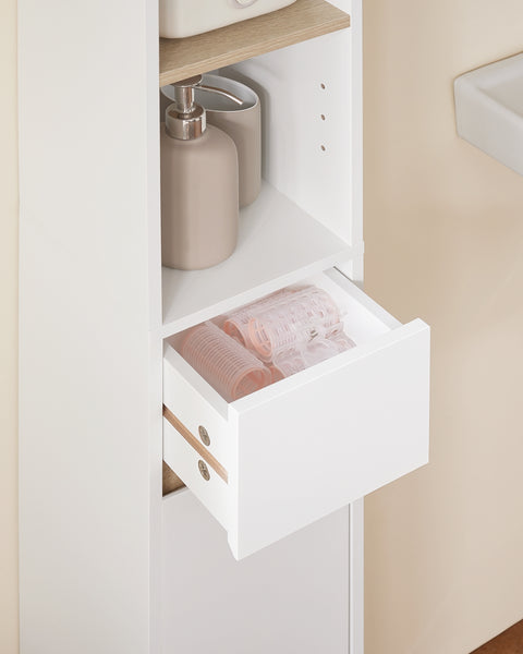 SoBuy BZR34-WN Badkamermeubel, opbergkast, smalle opbergkast, 1 lade, 2 deuren en 5 open vakken, verstelbare planken, houtkleur