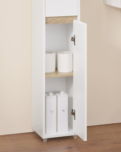 SoBuy BZR34-WN Badkamermeubel, opbergkast, smalle opbergkast, 1 lade, 2 deuren en 5 open vakken, verstelbare planken, houtkleur