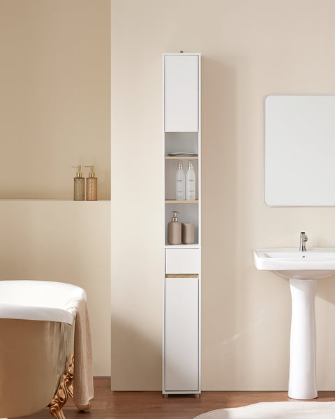 SoBuy BZR34-WN Badkamermeubel, opbergkast, smalle opbergkast, 1 lade, 2 deuren en 5 open vakken, verstelbare planken, houtkleur
