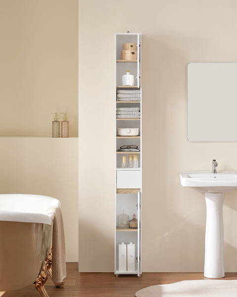 SoBuy BZR34-WN Badkamermeubel, opbergkast, smalle opbergkast, 1 lade, 2 deuren en 5 open vakken, verstelbare planken, houtkleur