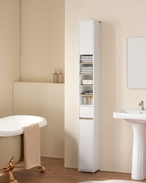 SoBuy BZR34-WN Badkamermeubel, opbergkast, smalle opbergkast, 1 lade, 2 deuren en 5 open vakken, verstelbare planken, houtkleur