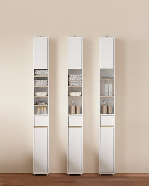 SoBuy BZR34-WN Badkamermeubel, opbergkast, smalle opbergkast, 1 lade, 2 deuren en 5 open vakken, verstelbare planken, houtkleur