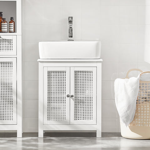 SoBuy BZR35-W Wastafelonderkast met roosterlook deuren badkamerkast wastafel onderkast badmeubel