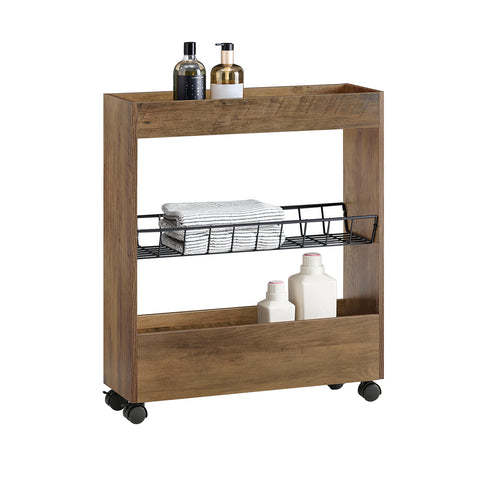 SoBuy BZR46-N Mobiele 3-laagse opbergkar Nisplank met houten en metalen wielen