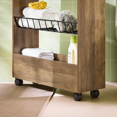 SoBuy BZR46-N Mobiele 3-laagse opbergkar Nisplank met houten en metalen wielen