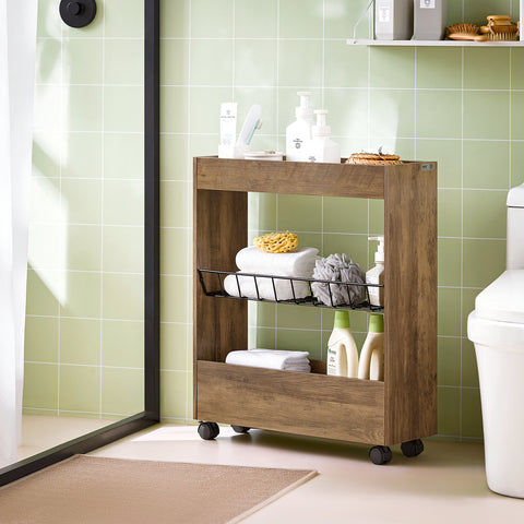 SoBuy BZR46-N Mobiele 3-laagse opbergkar Nisplank met houten en metalen wielen