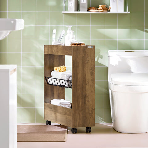SoBuy BZR46-N Mobiele 3-laagse opbergkar Nisplank met houten en metalen wielen