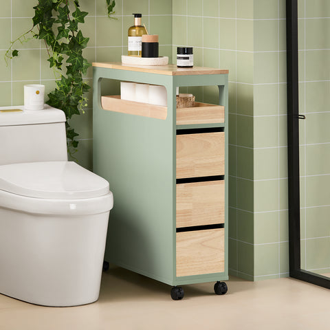 SoBuy BZR54-GR Opbergkast voor badkamer, smal op wielen, toiletpapierhouder, compacte toiletkast, multifunctionele opslag