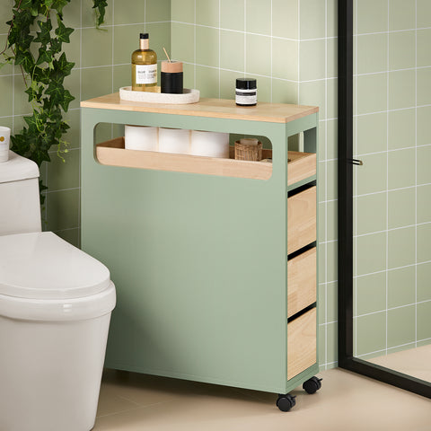 SoBuy BZR54-GR Opbergkast voor badkamer, smal op wielen, toiletpapierhouder, compacte toiletkast, multifunctionele opslag