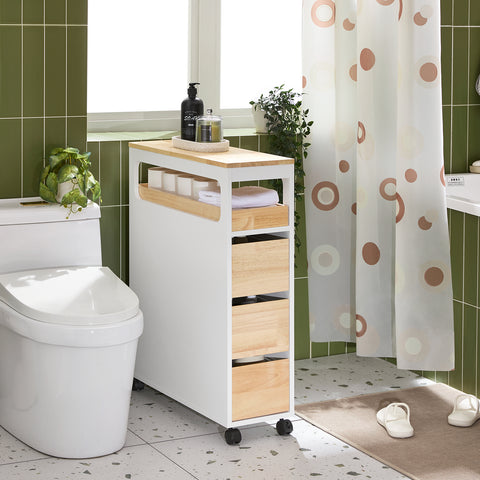SoBuy BZR54-II-WN Nisrek met 3 laden en 1 afneembaar dienblad keukenrek met wielen badkamerrek niswagen trolley smalle plank