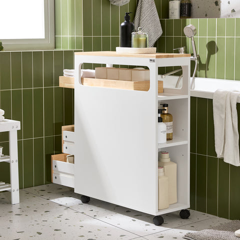 SoBuy BZR54-II-WN Nisrek met 3 laden en 1 afneembaar dienblad keukenrek met wielen badkamerrek niswagen trolley smalle plank