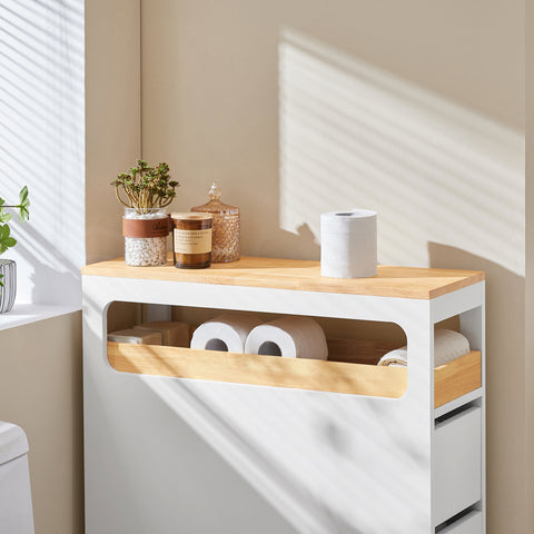SoBuy BZR54-W Toiletrolhouder, Toiletkast, Badkamerkast, Smalle Opbergkast, Rek Smal met 1 Uitneembare Dienblad
