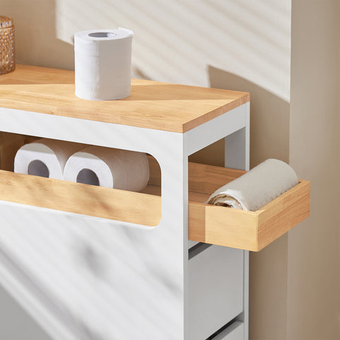 SoBuy BZR54-W Toiletrolhouder, Toiletkast, Badkamerkast, Smalle Opbergkast, Rek Smal met 1 Uitneembare Dienblad