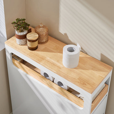SoBuy BZR54-W Toiletrolhouder, Toiletkast, Badkamerkast, Smalle Opbergkast, Rek Smal met 1 Uitneembare Dienblad