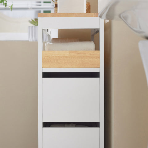 SoBuy BZR54-W Toiletrolhouder, Toiletkast, Badkamerkast, Smalle Opbergkast, Rek Smal met 1 Uitneembare Dienblad