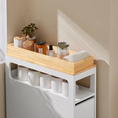 SoBuy BZR54-W Toiletrolhouder, Toiletkast, Badkamerkast, Smalle Opbergkast, Rek Smal met 1 Uitneembare Dienblad